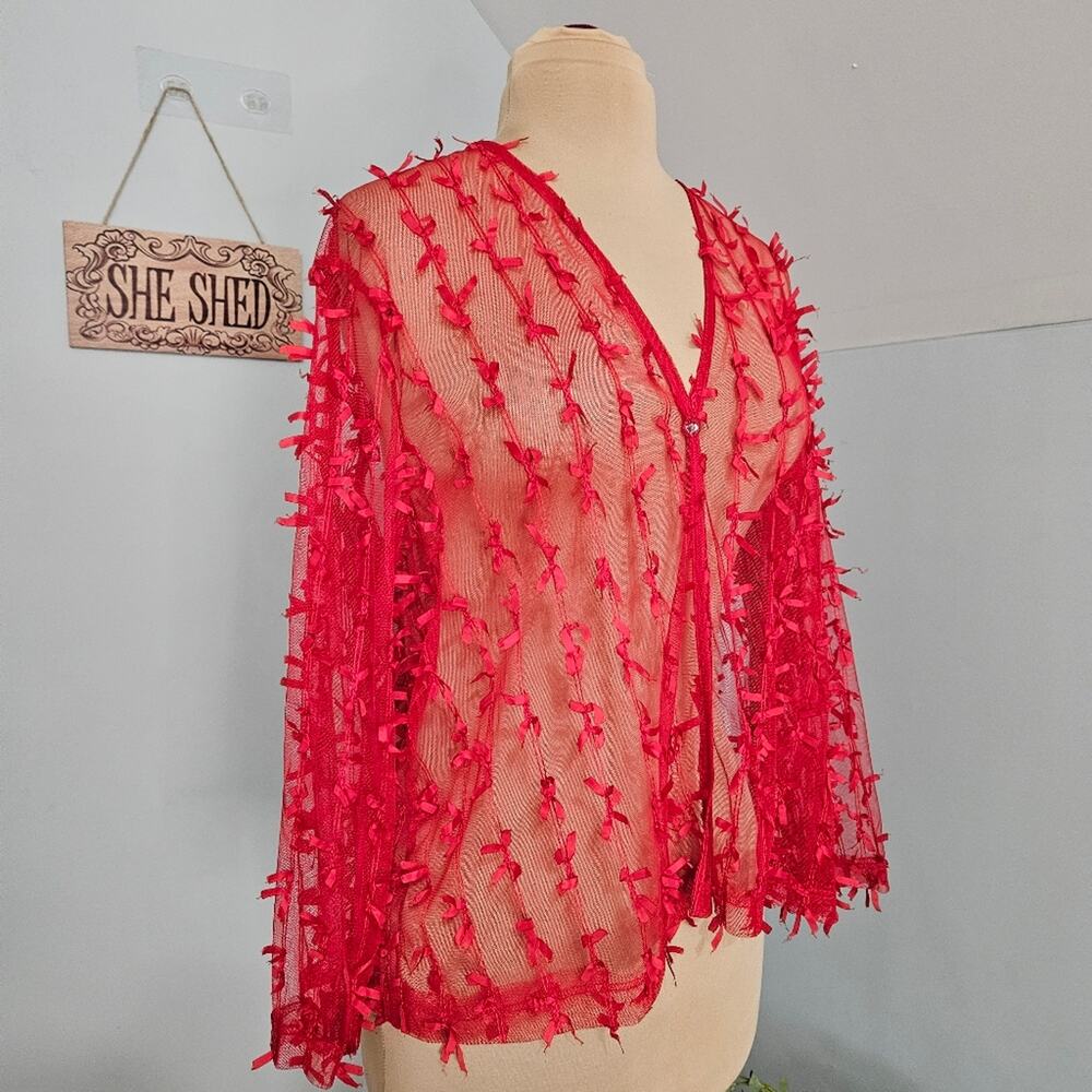 Maxima USA Shrug Womens Medium Sheer Mesh Cherry Red Ribbon Festive Holiday - Picture 4 of 14
